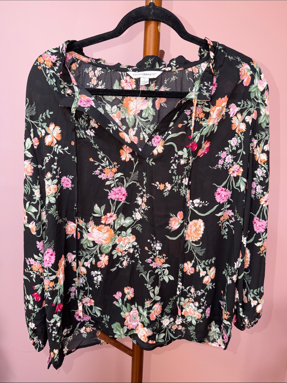 Counterparts Black Floral Tie-Neck Blouse